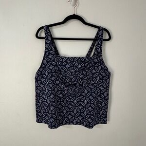 Lands End Tankini Top Geometric Ruched Underwire Navy Blue Resort Pool Women 18W